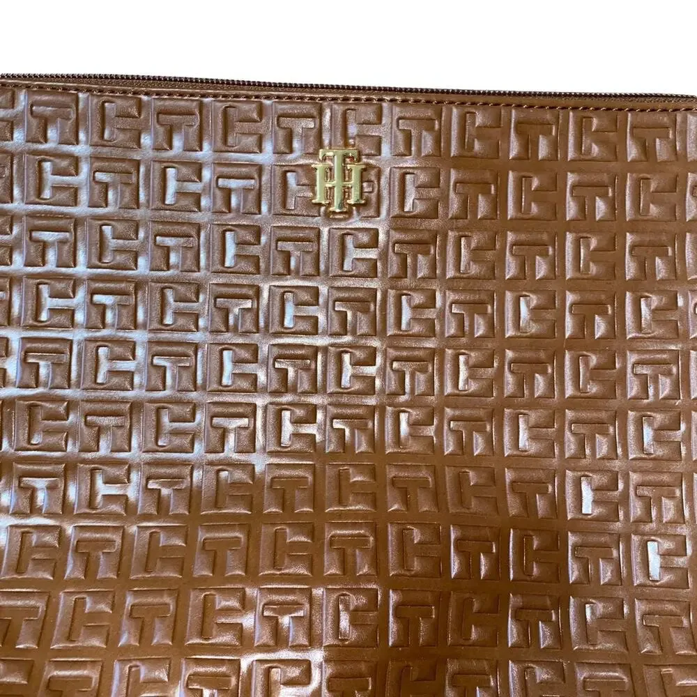 Tommy Hilfiger Faux Leather TH Embossed Brown Gold Accent Zipped Pouch Bag 13